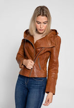 Load image into Gallery viewer, Women&#39;s Tan Brown Leather Hooded Biker Jacket
