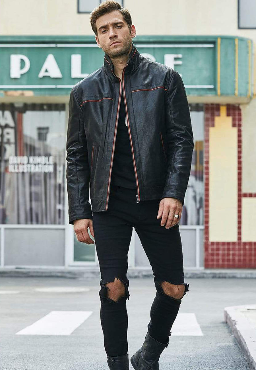 Men's Black Leather Jacket With Red Stripes
