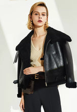 Load image into Gallery viewer, Women’s Black Leather Black Shearling Big Collared Jacket

