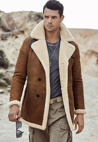 Men’s Camel Brown Leather Shearling Long Coat