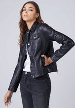 Load image into Gallery viewer, Women’s Black Leather Trucker Jacket
