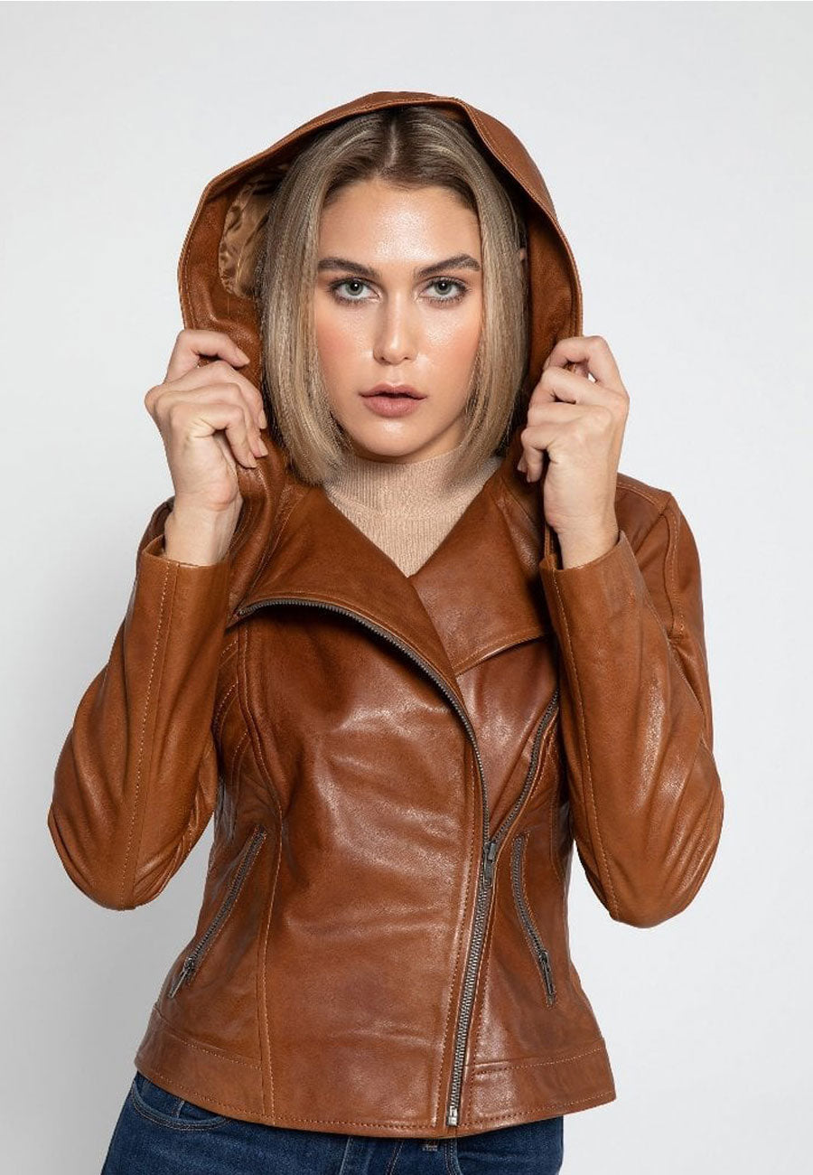 Women's Tan Brown Leather Hooded Biker Jacket