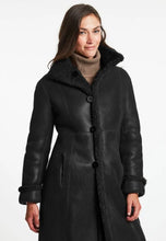 Load image into Gallery viewer, Women’s Black Leather Shearling Long Coat
