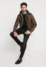 Load image into Gallery viewer, Men&#39;s Chocolate Brown Leather Jacket Removable Hood
