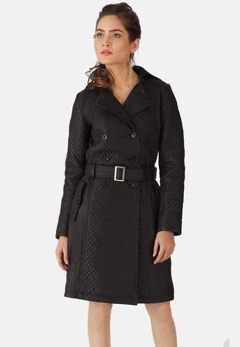 Women's Black Leather Trench Coat