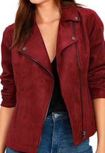 Load image into Gallery viewer, Women’s Red Suede Leather Biker Jacket
