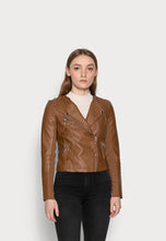 Load image into Gallery viewer, Women&#39;s Tan Brown Leather Biker Jacket
