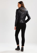 Load image into Gallery viewer, Women’s Black Leather Jacket Removable Hood

