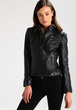 Load image into Gallery viewer, Women’s Black Leather Jacket Removable Hood

