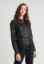 Load image into Gallery viewer, Women’s Black Leather Biker Jacket Ban Collar
