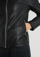 Load image into Gallery viewer, Women’s Black Leather Biker Jacket Ban Collar
