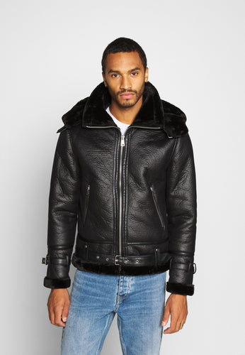 Men’s Aviator Removable Hood Black Leather Shearling Jacket