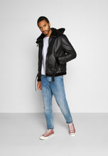 Load image into Gallery viewer, Men’s Aviator Removable Hood Black Leather Shearling Jacket
