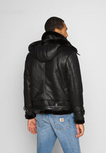 Load image into Gallery viewer, Men’s Aviator Removable Hood Black Leather Shearling Jacket
