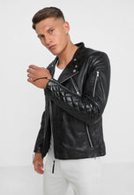 Load image into Gallery viewer, Black Leather Biker Jacket for Men

