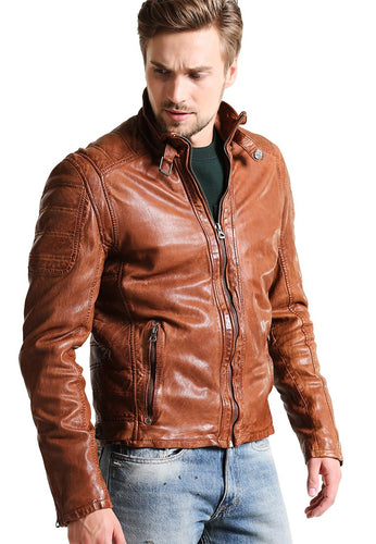 Men's Camel Brown Leather Biker Jacket made from cowhide leather, featuring a crew neck, zip closure, and multiple pockets, including a gun pocket, for style and functionality.