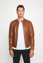 Load image into Gallery viewer, Men&#39;s Tan Brown Leather Biker Jacket
