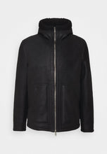Load image into Gallery viewer, Men&#39;s Black Leather Shearling Hooded Jacket
