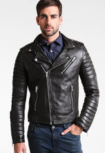 Load image into Gallery viewer, Men’s Black Leather Biker Jacket
