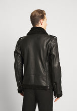 Load image into Gallery viewer, Men&#39;s Black Leather Black Shearling Biker Jacket
