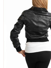 Load image into Gallery viewer, Women’s Black Leather Short Bomber Jacket

