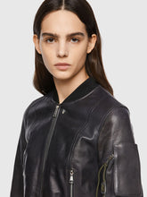 Load image into Gallery viewer, Women&#39;s Black Leather Bomber Jacket With Arm Pocket
