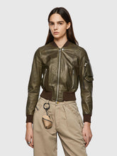 Load image into Gallery viewer, Women’s Green Leather Bomber Jacket With Arm Pocket
