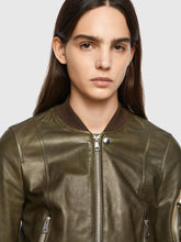 Load image into Gallery viewer, Women’s Green Leather Bomber Jacket With Arm Pocket
