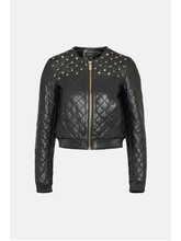 Load image into Gallery viewer, Women&#39;s Black Leather Studded Bomber Jacket
