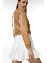 Load image into Gallery viewer, Women&#39;s Tan Beige Leather Studded Bomber Jacket
