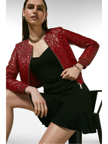 Women's Wine Red Leather Studded Bomber Jacket