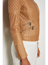 Load image into Gallery viewer, Women’s Tan Beige Leather Biker Jacket
