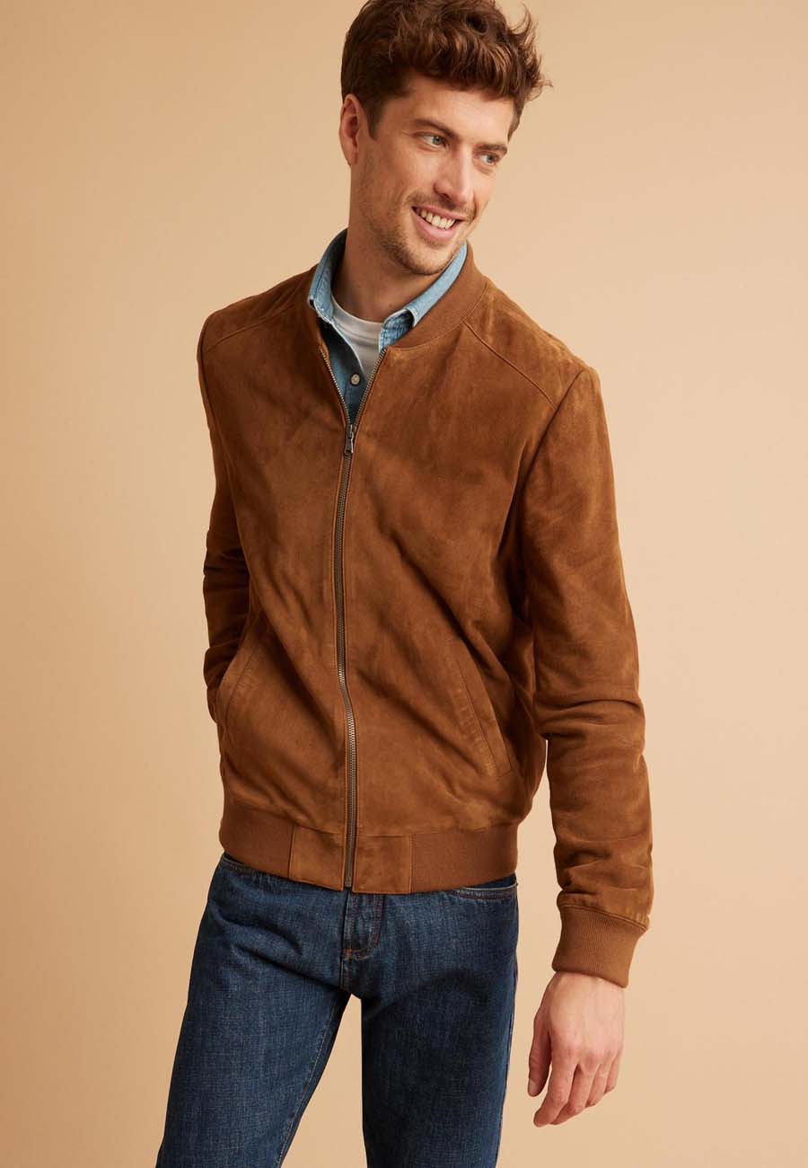 Men’s Tan Brown Suede Leather Bomber Jacket