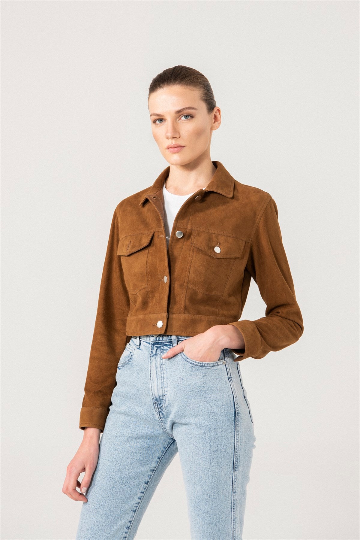 Women s Tan Brown Suede Leather Short Trucker Jacket