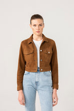 Load image into Gallery viewer, Women’s Tan Brown Suede Leather Short Trucker Jacket
