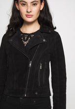 Load image into Gallery viewer, Women&#39;s Black Suede Leather Biker Jacket
