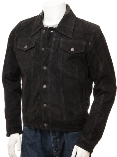 Men’s Black Suede Leather Trucker Jacket