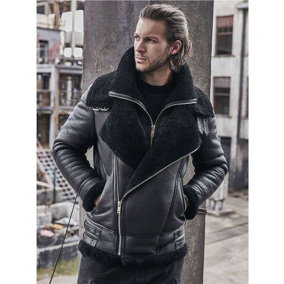 Men's B3 Classic Leather Bomber Shearling Sheepskin Motorcycle Leather Jacket