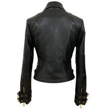 Load image into Gallery viewer, Designer Women&#39;s Lion Button Leather Biker Jacket
