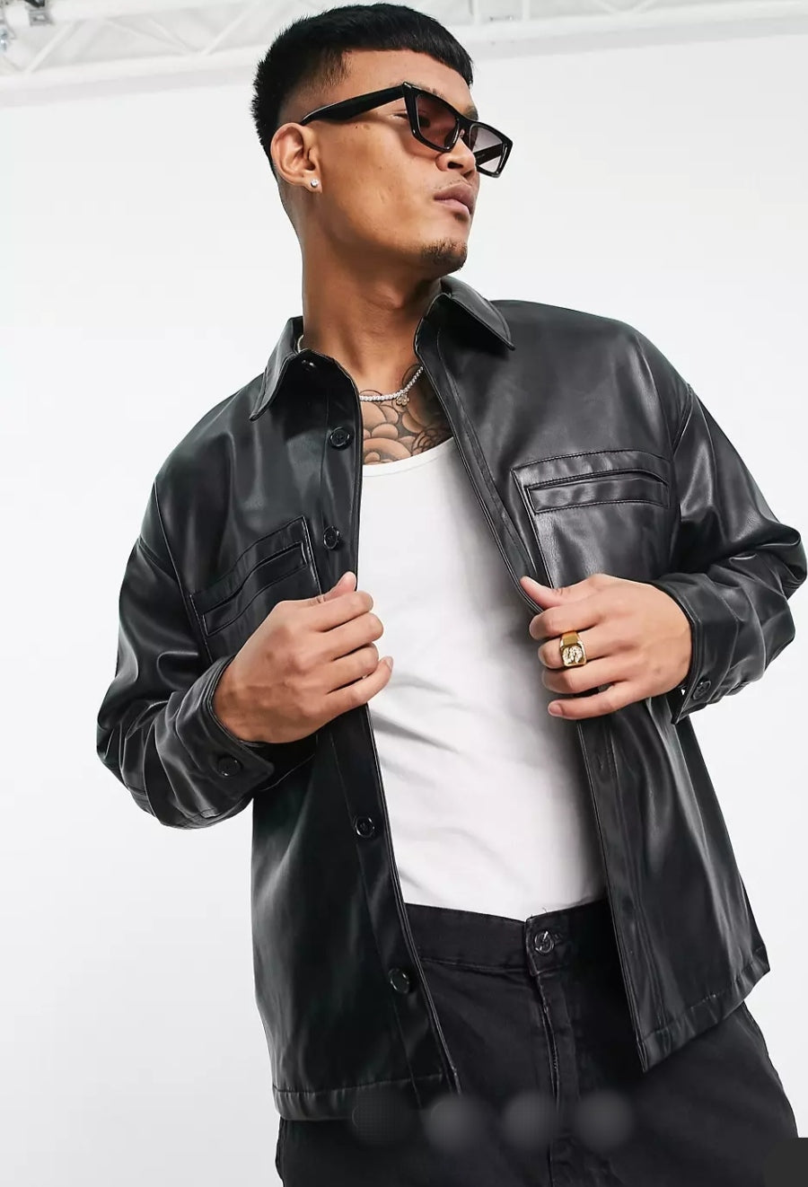 Men’s Black Sleek Trucker Leather Shirt