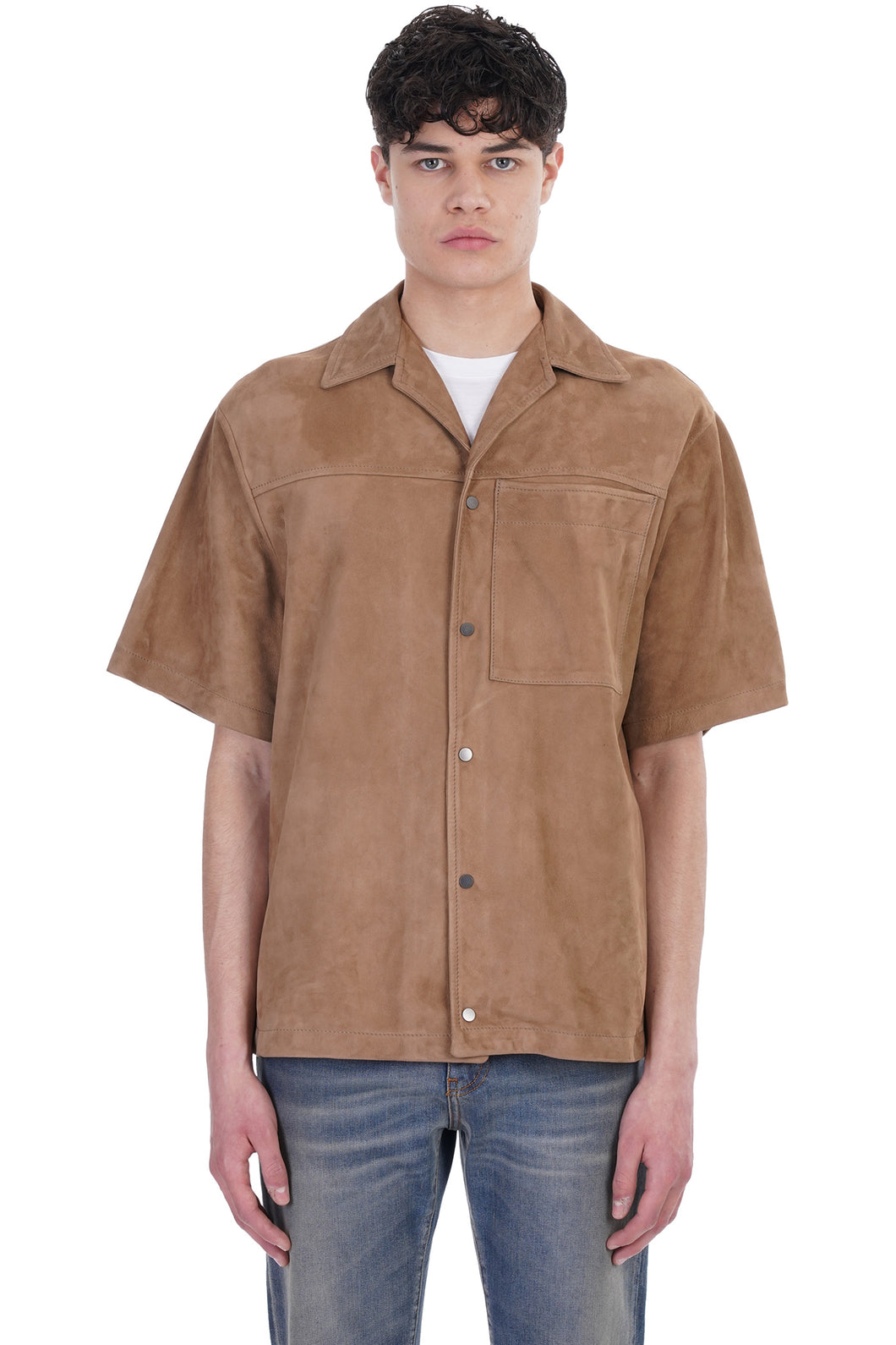 Men’s Half Sleeves Cream Brown Suede Leather Shirt