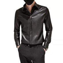 Load image into Gallery viewer, Men’s Slim Fit Black SheepSkin Leather Formal Shirt
