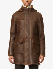 Load image into Gallery viewer, Men&#39;s Removable Hooded Brown Leather Shearling Trench Coat

