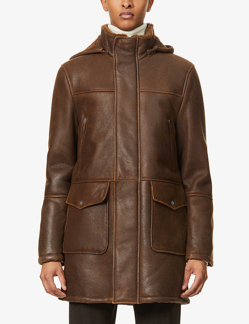 Men's Removable Hooded Brown Leather Shearling Trench Coat