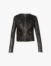 Load image into Gallery viewer, Women&#39;s Black Leather Jacket Golden Stud Buttons
