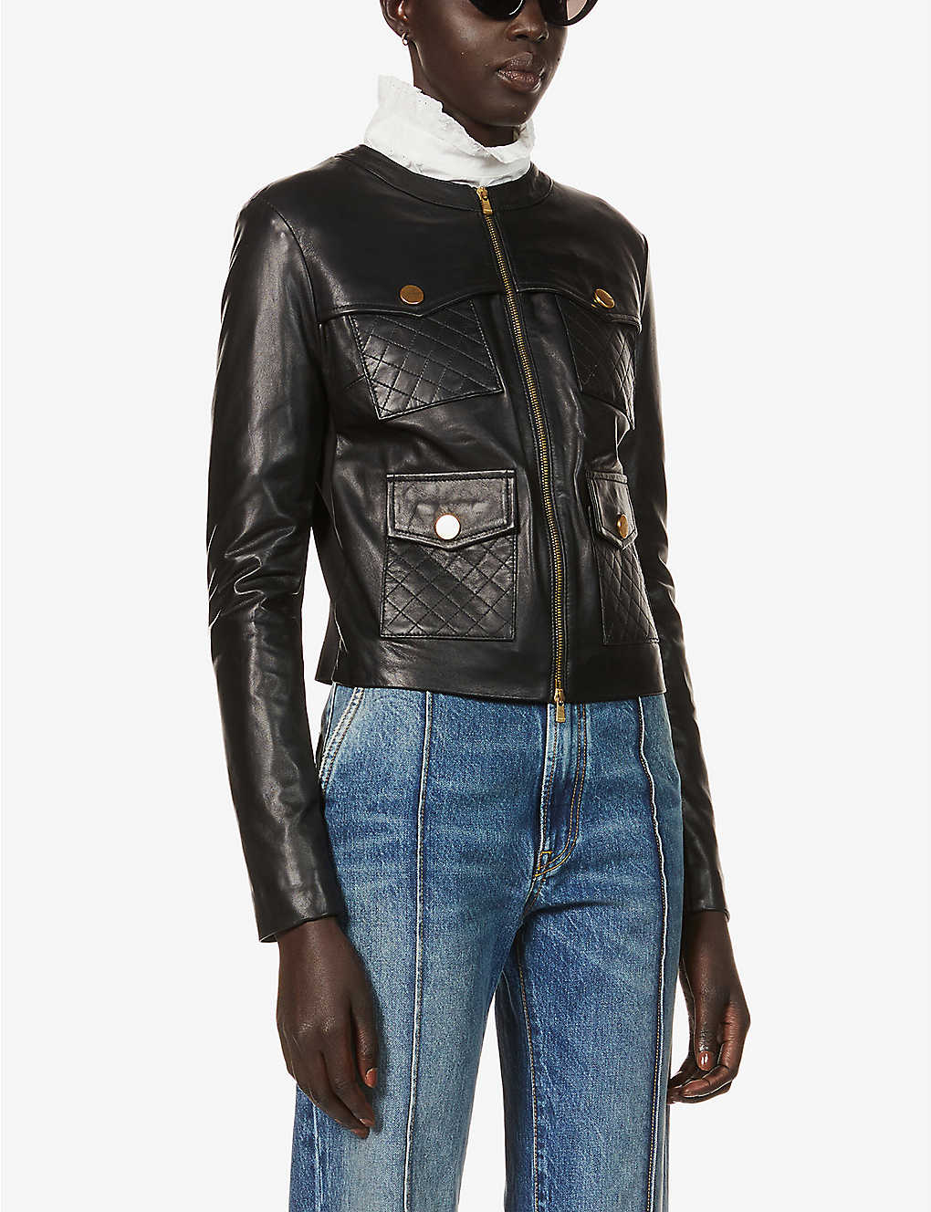 Women's Black Leather Jacket Golden Stud Buttons