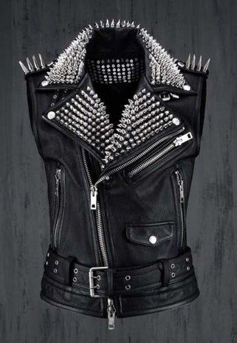 Men’s Black Leather Biker Punk Vest