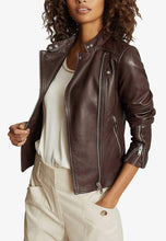 Load image into Gallery viewer, Women’s Chocolate Brown Leather Biker Jacket
