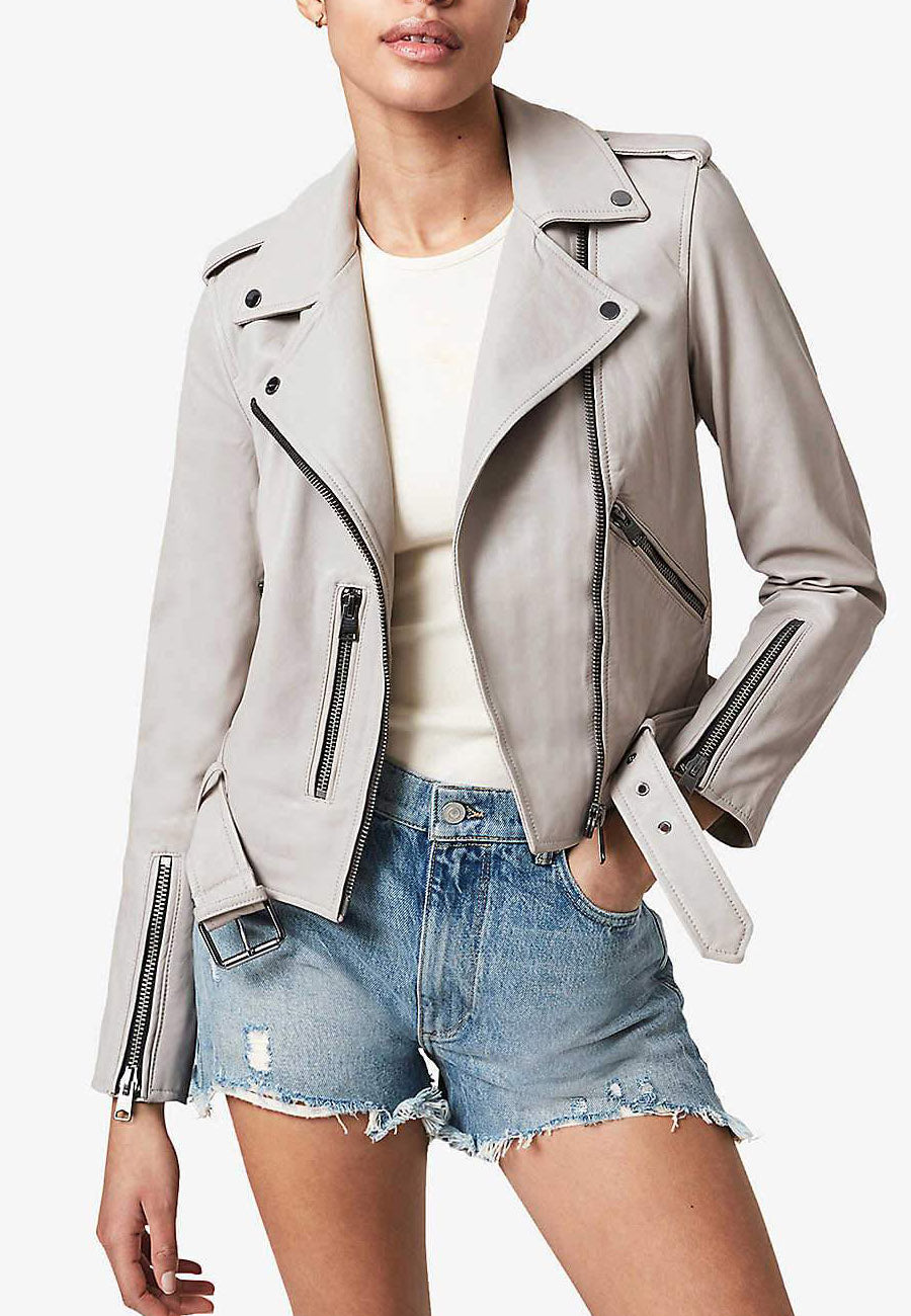 Women’s White Leather Biker Jacket