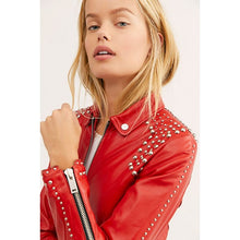 Load image into Gallery viewer, Women’s Red Leather Biker Punk Jacket
